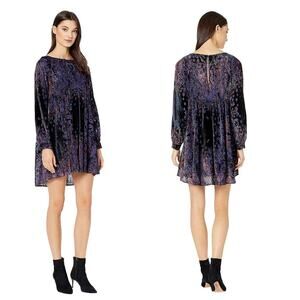 Free People Mirror Velvet Paisley Mini Dress Purple Black Babydoll Peasant Sz S